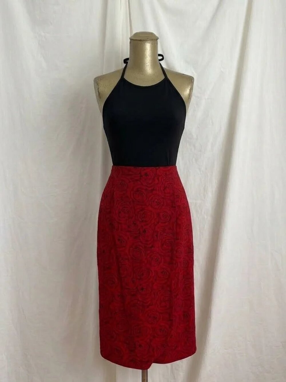 Vintage Pappagallo Red Rose Midi Skirt Size 8 Romantic Feminine 90s Rayon Whimsy